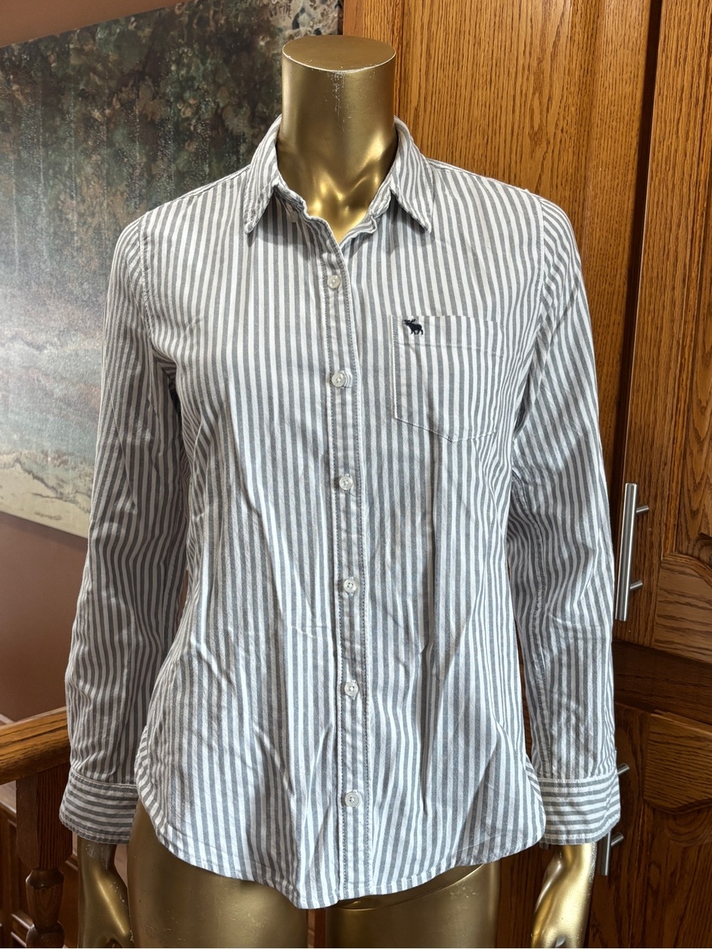 Abercrombie & Fitch Gray and White Striped Men's Button-Down Shirt